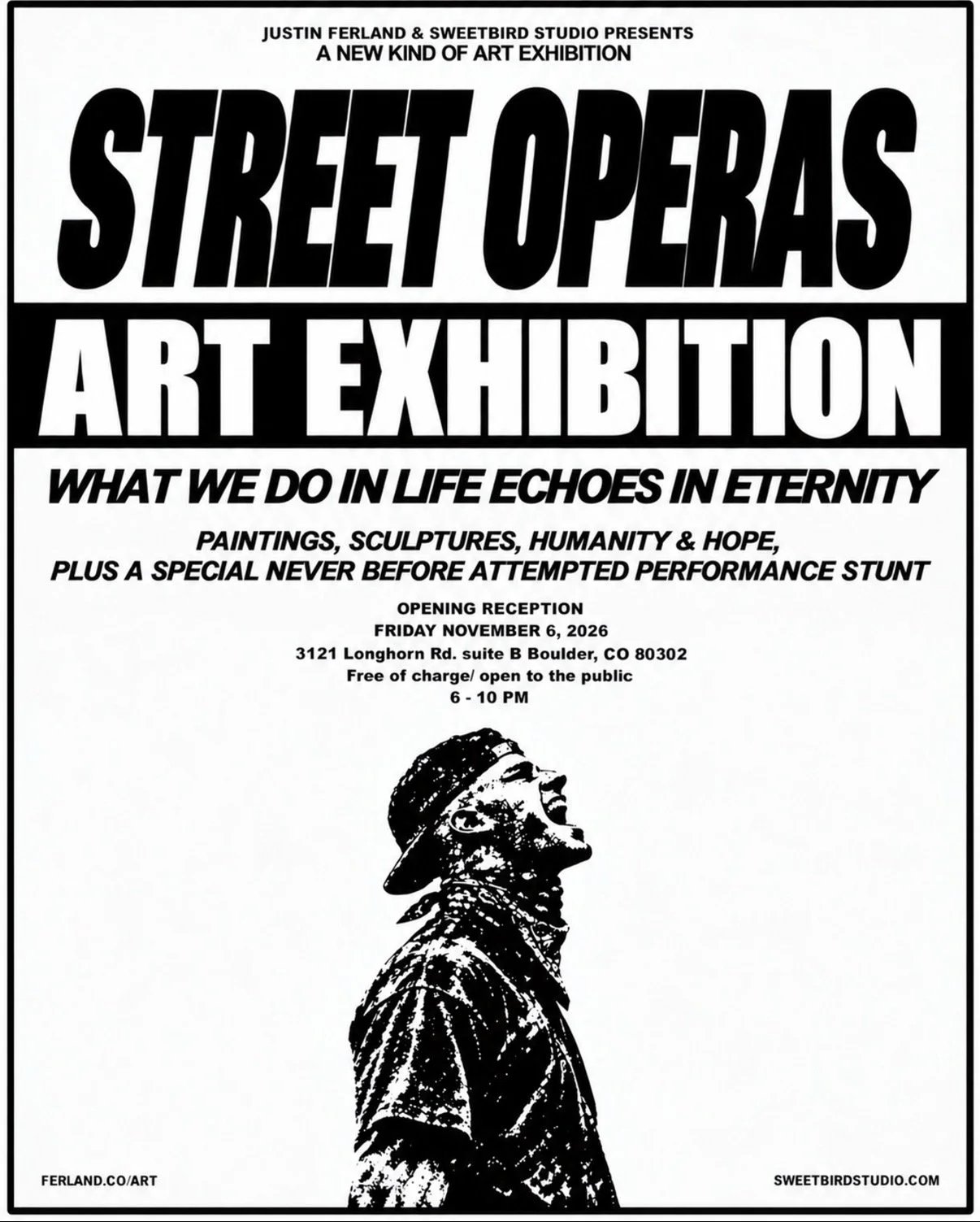 Street Operas art exhibition poster. Opening reception Friday November 6, 2026, Boulder, Colorado.