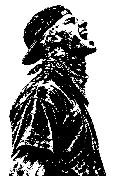 Stencil portrait of Justin Ferland looking up and shouting